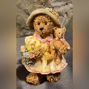 Vintage Resin Bear, Little Girl With Teddy Bear & Flowers
